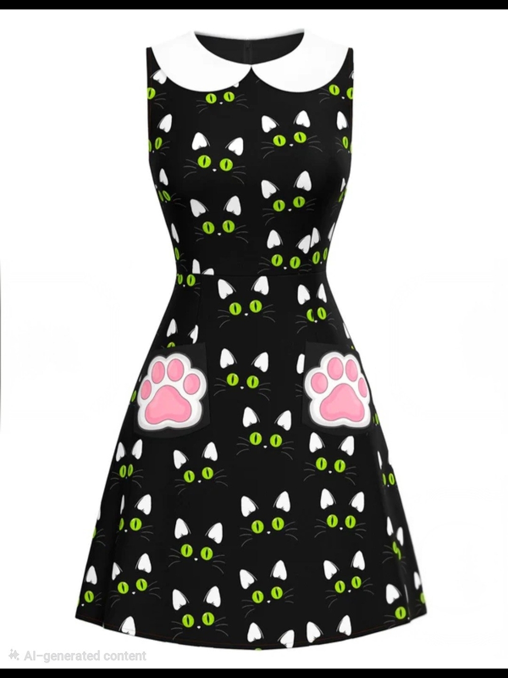 Sleeveless Black Cat Print A-line Dress with Pink Paw Pockets From Retro Stage